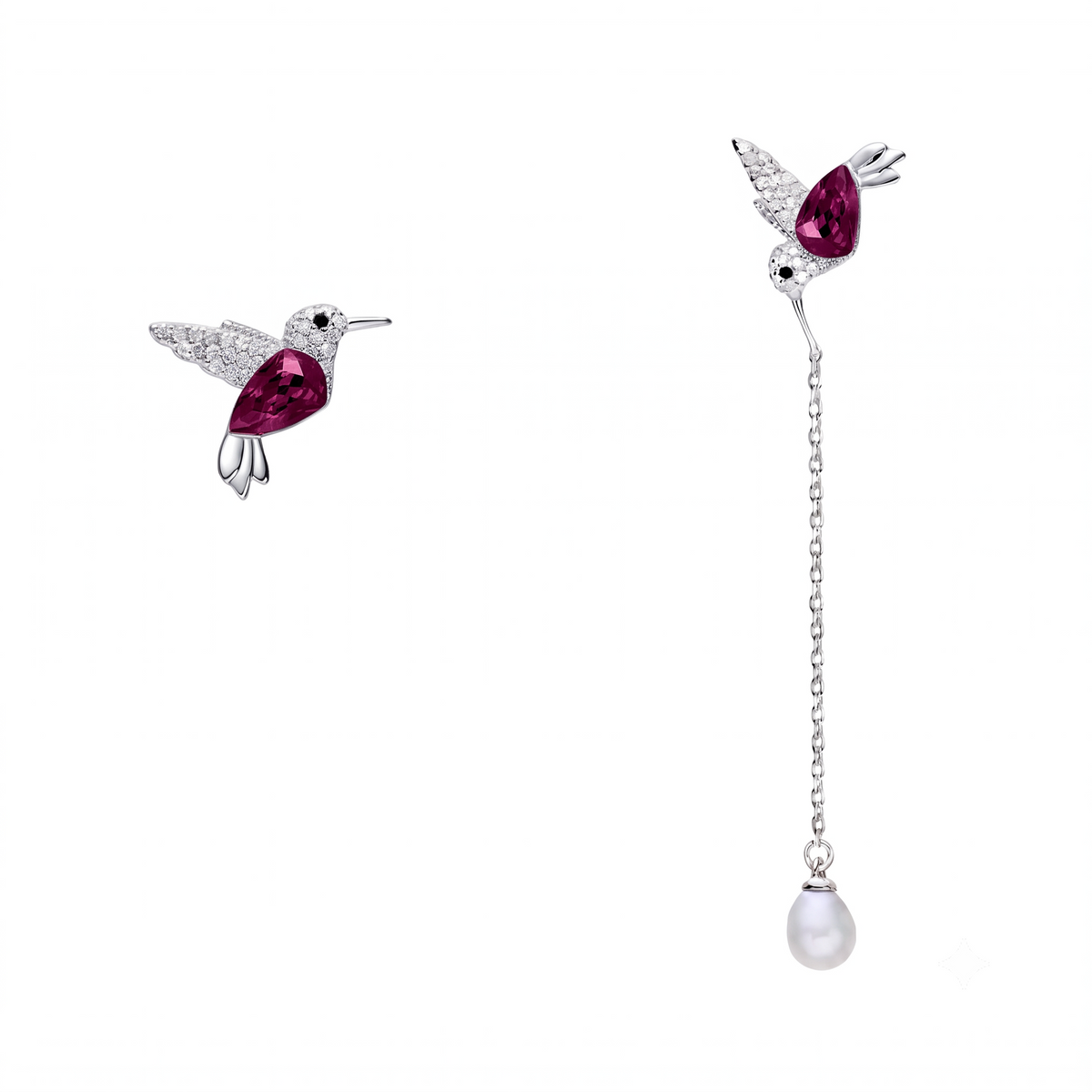 Aretes de plata de Colibrí morado con Perla