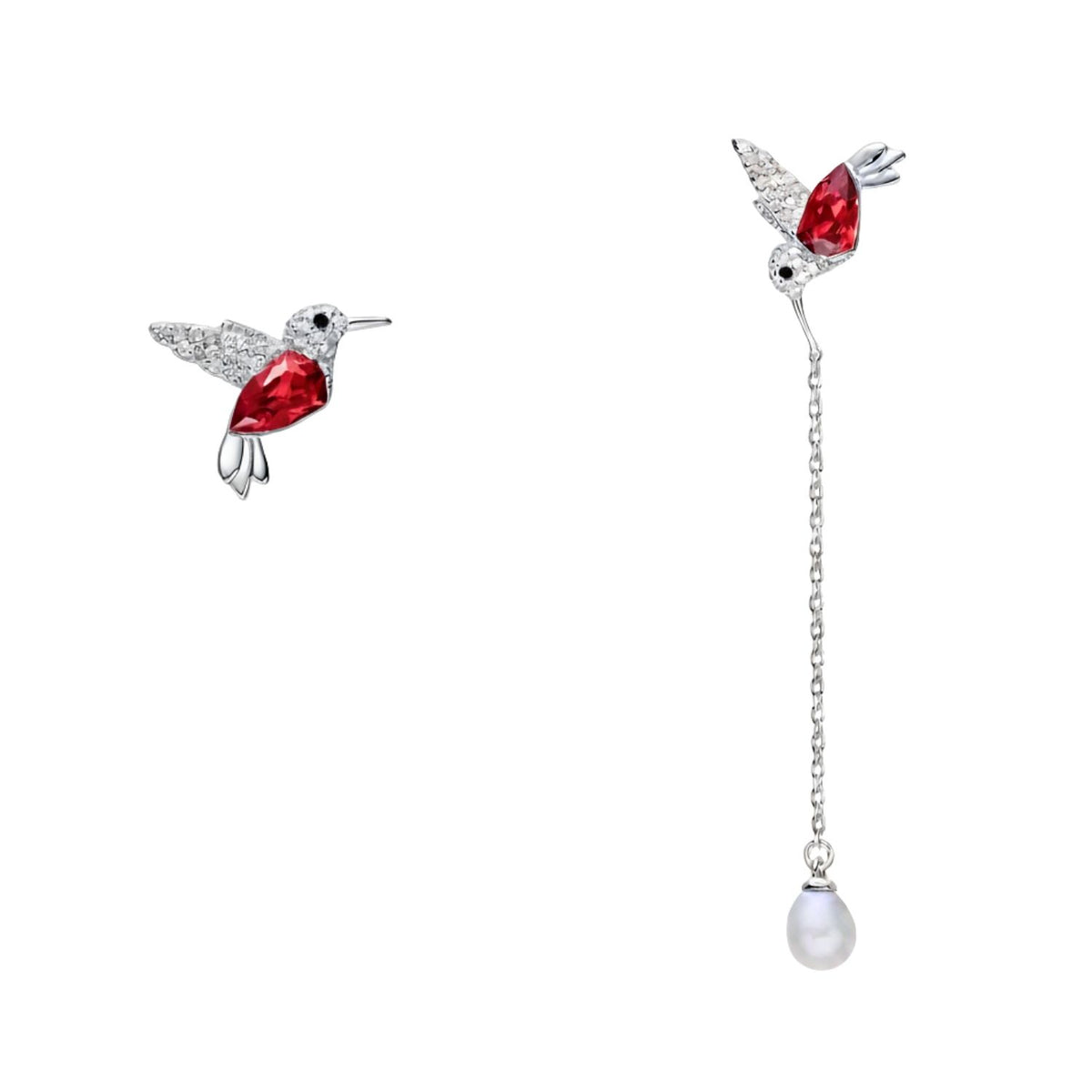 Aretes de plata de Colibrí rojo con Perla
