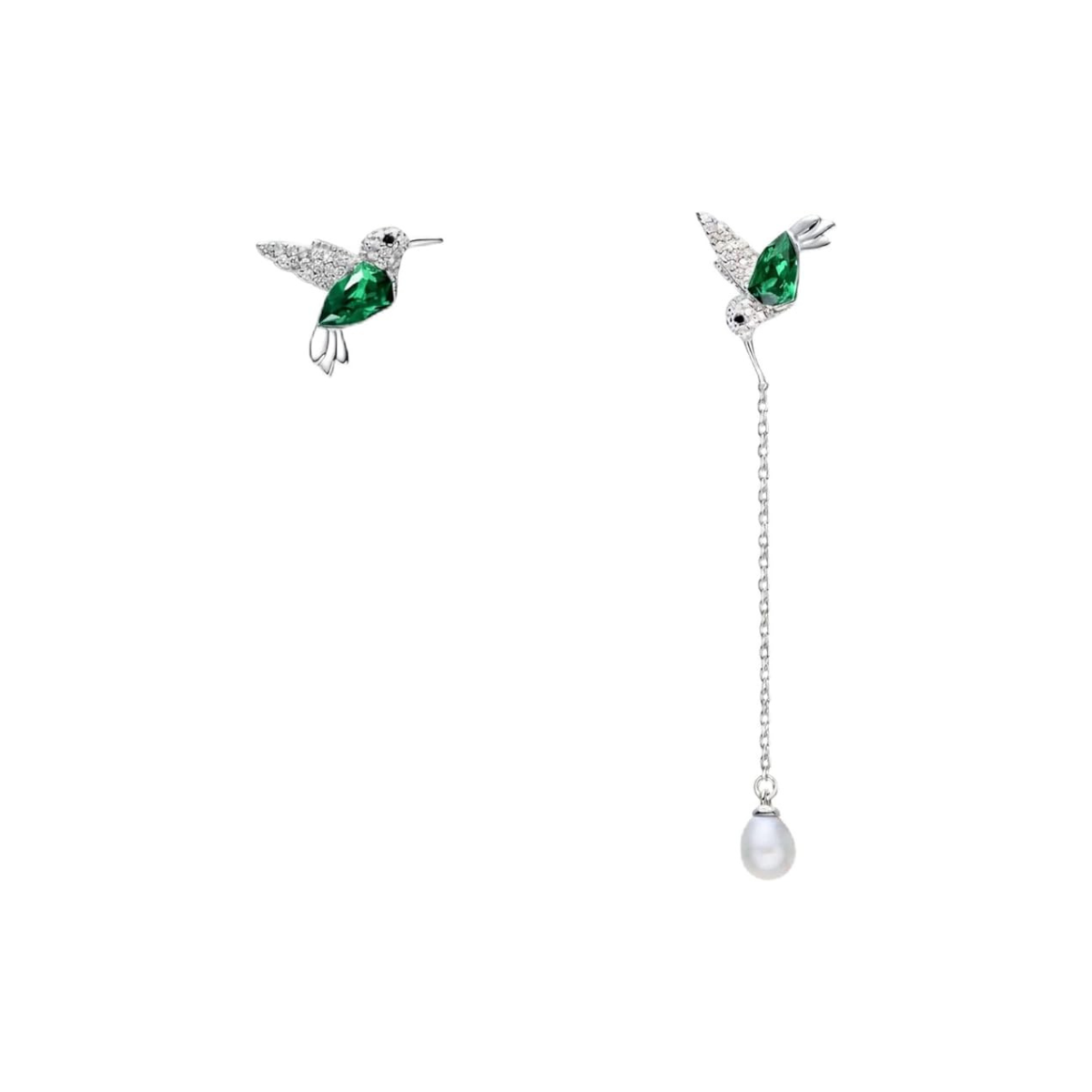 Aretes de plata de Colibrí verde con Perla