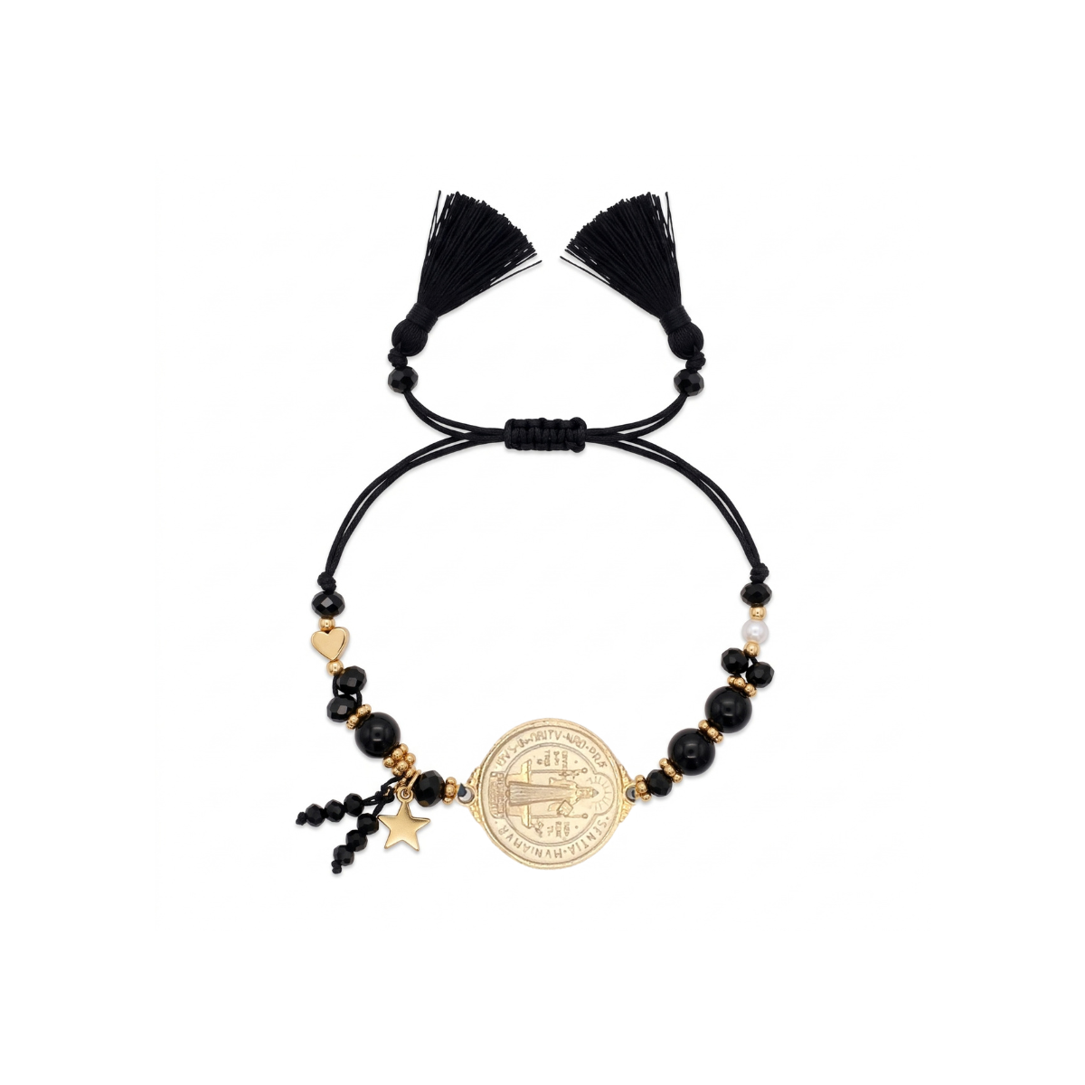 Pulsera San Benito Negra Medalla Beige