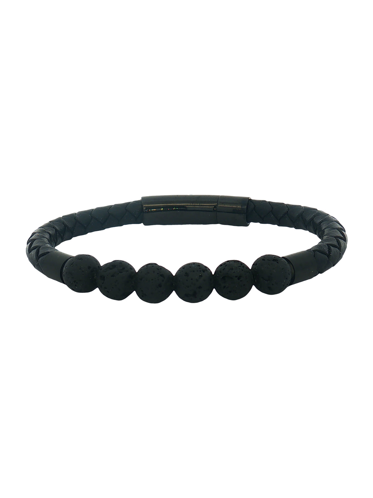 Pulsera Piel Negra Bolas Roca Volcan