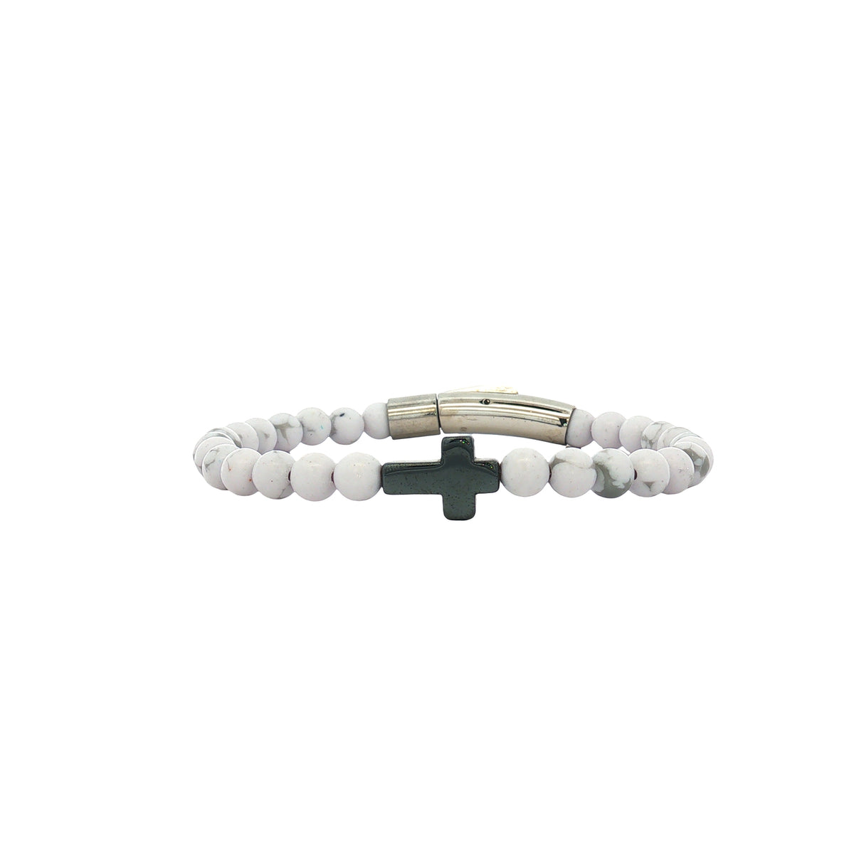 Pulsera Cruz Hematita Piedra Blanca Broche Acero