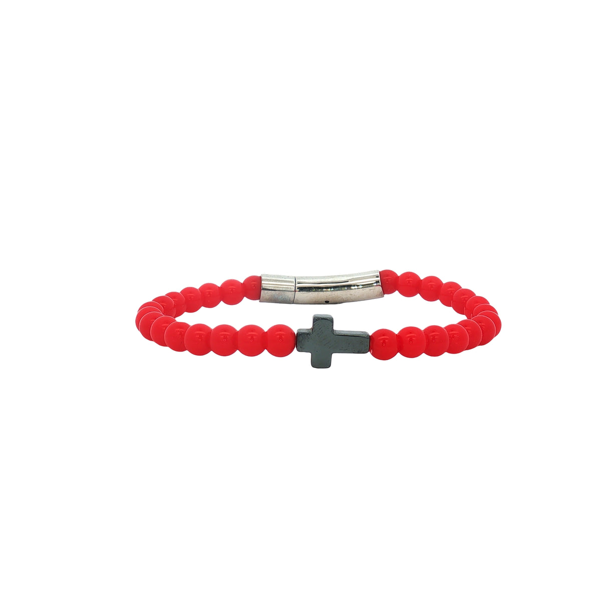 Pulsera Cruz Hematita Piedra Roja Broche Acero