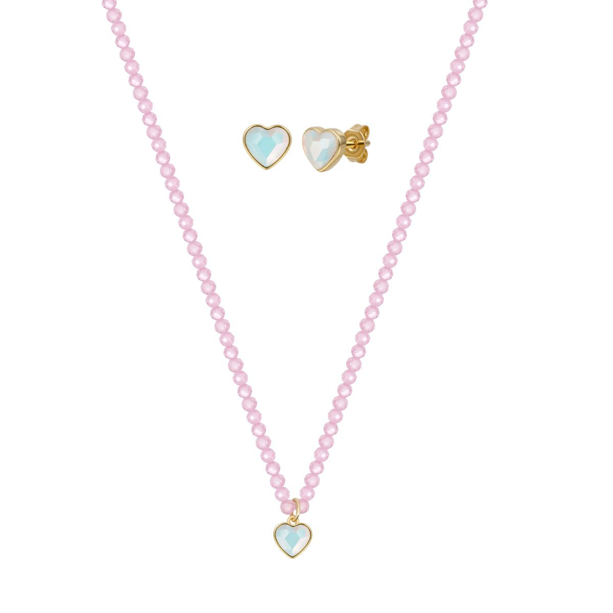 Juego: Collar Y Broquel Cristales Corazon Ab Mini