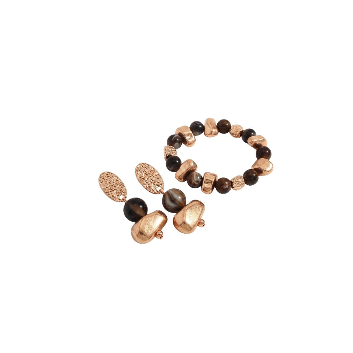 Juego Pulsera Y Aretes Dorado Con Café