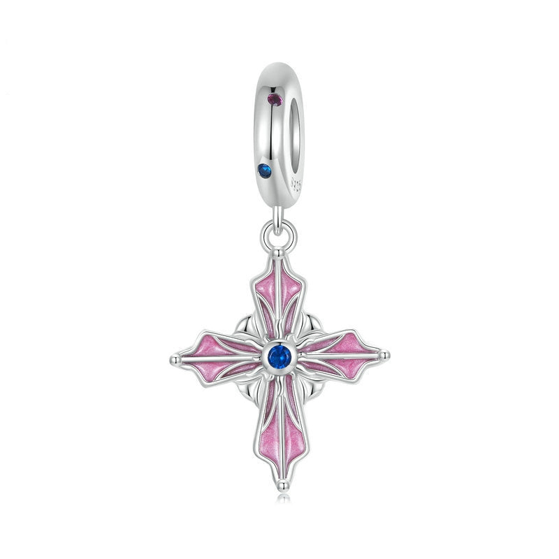 Charm Plata Cruz Con Rosa