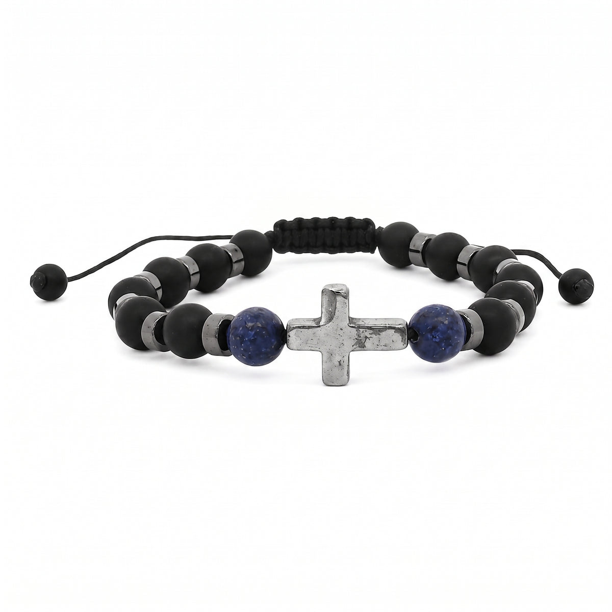 Pulsera Piedra Negra Y Hematita Cruz Lapizlazuli
