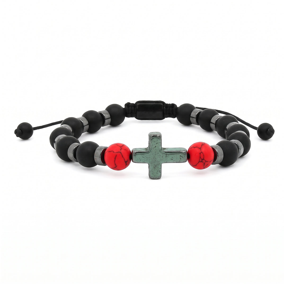 Pulsera Piedra Negra Y Hematita Cruz Con Rojo