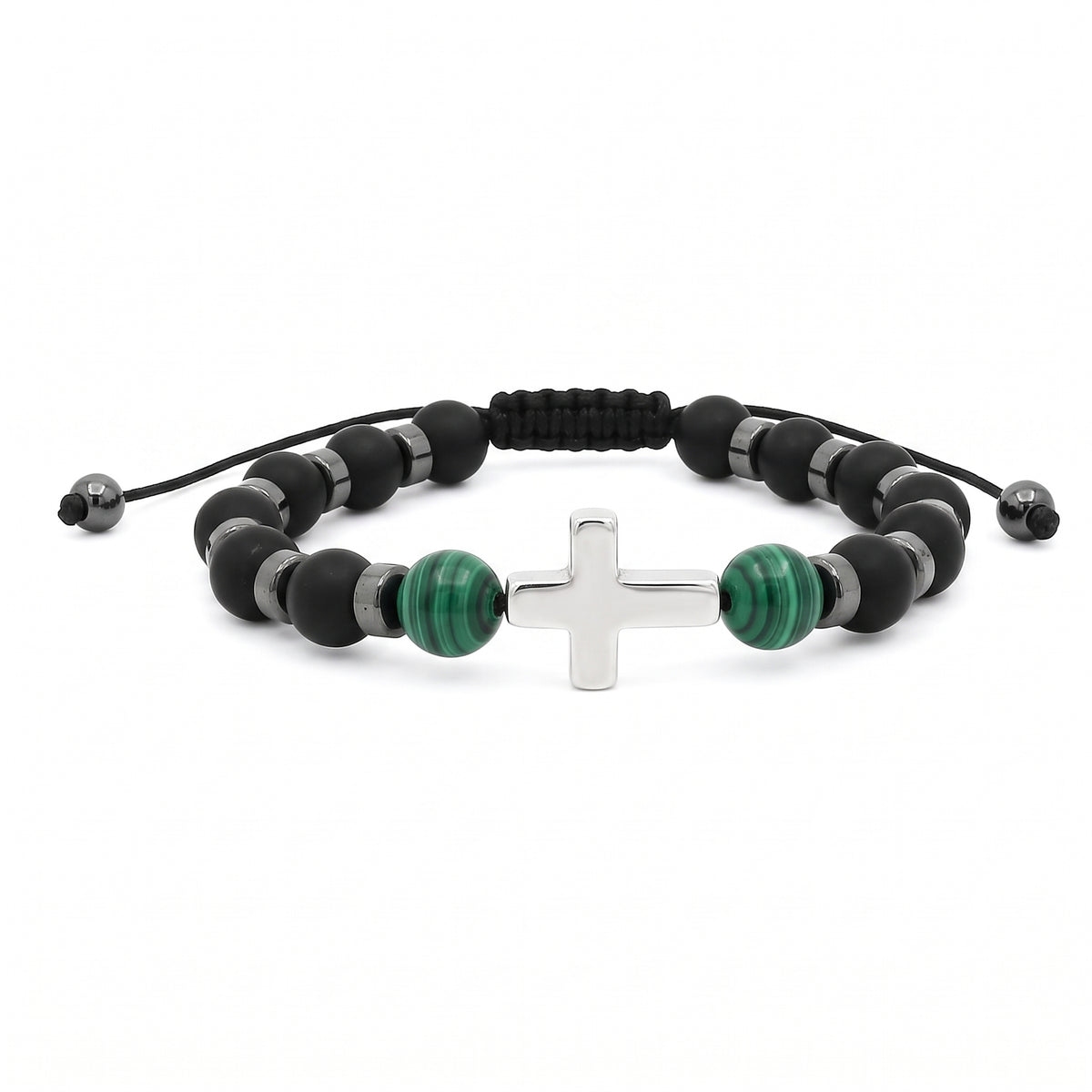 Pulsera Piedra Negra Y Hematita Cruz Malaquita