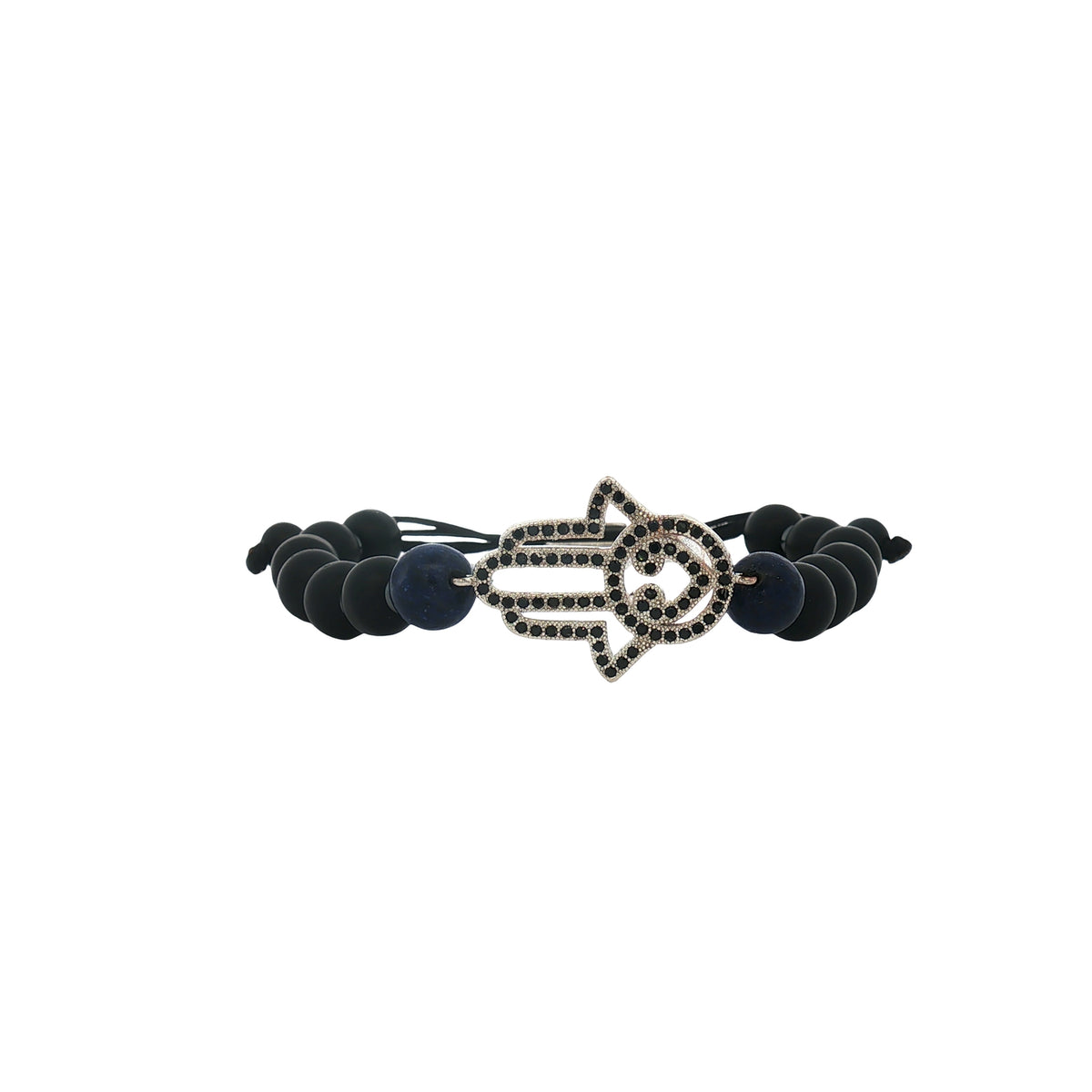 Pulsera Piedra Negra Y Azul Mano Hamsa