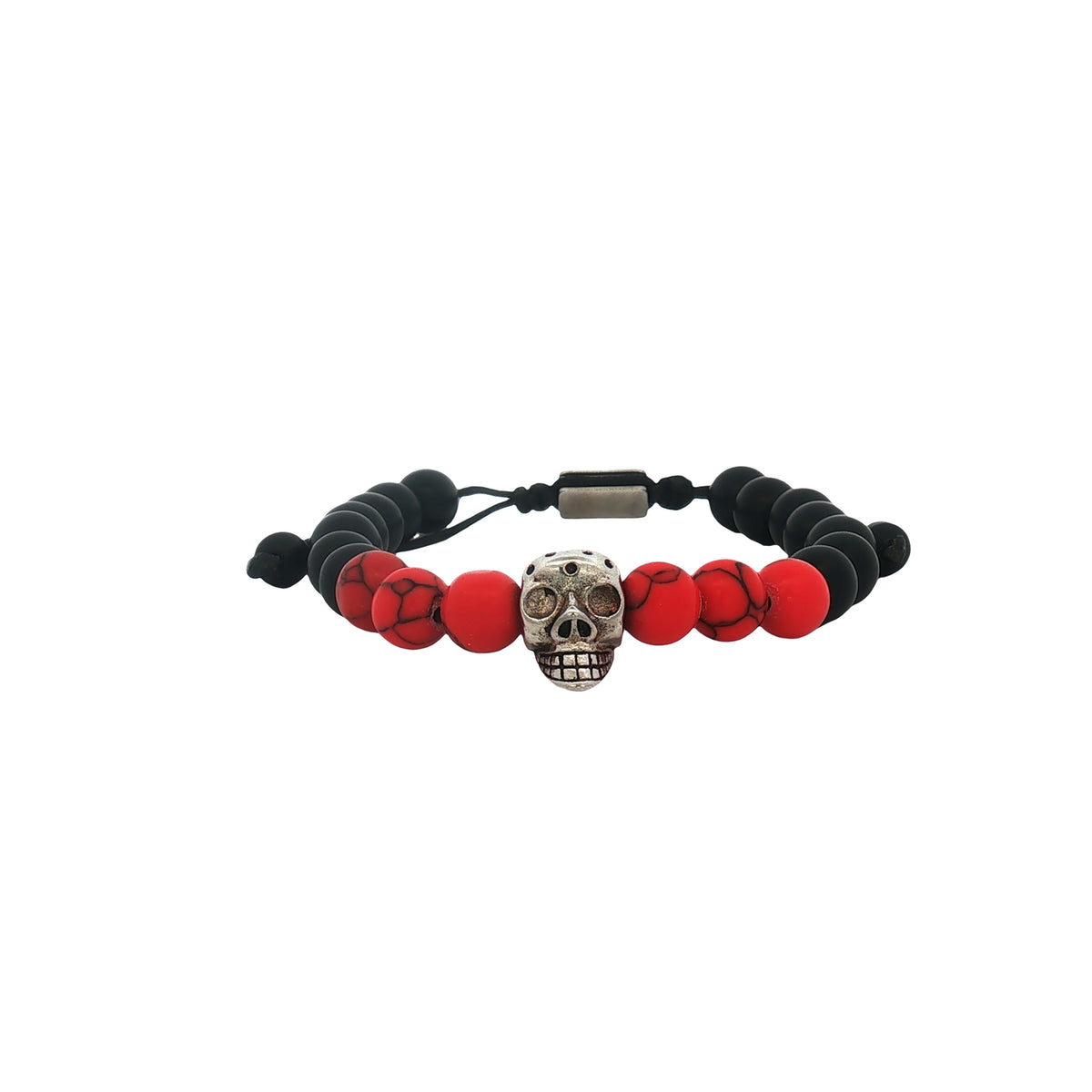 Pulsera Calavera Plateada Sin Ojos Con Negro Y Rojo