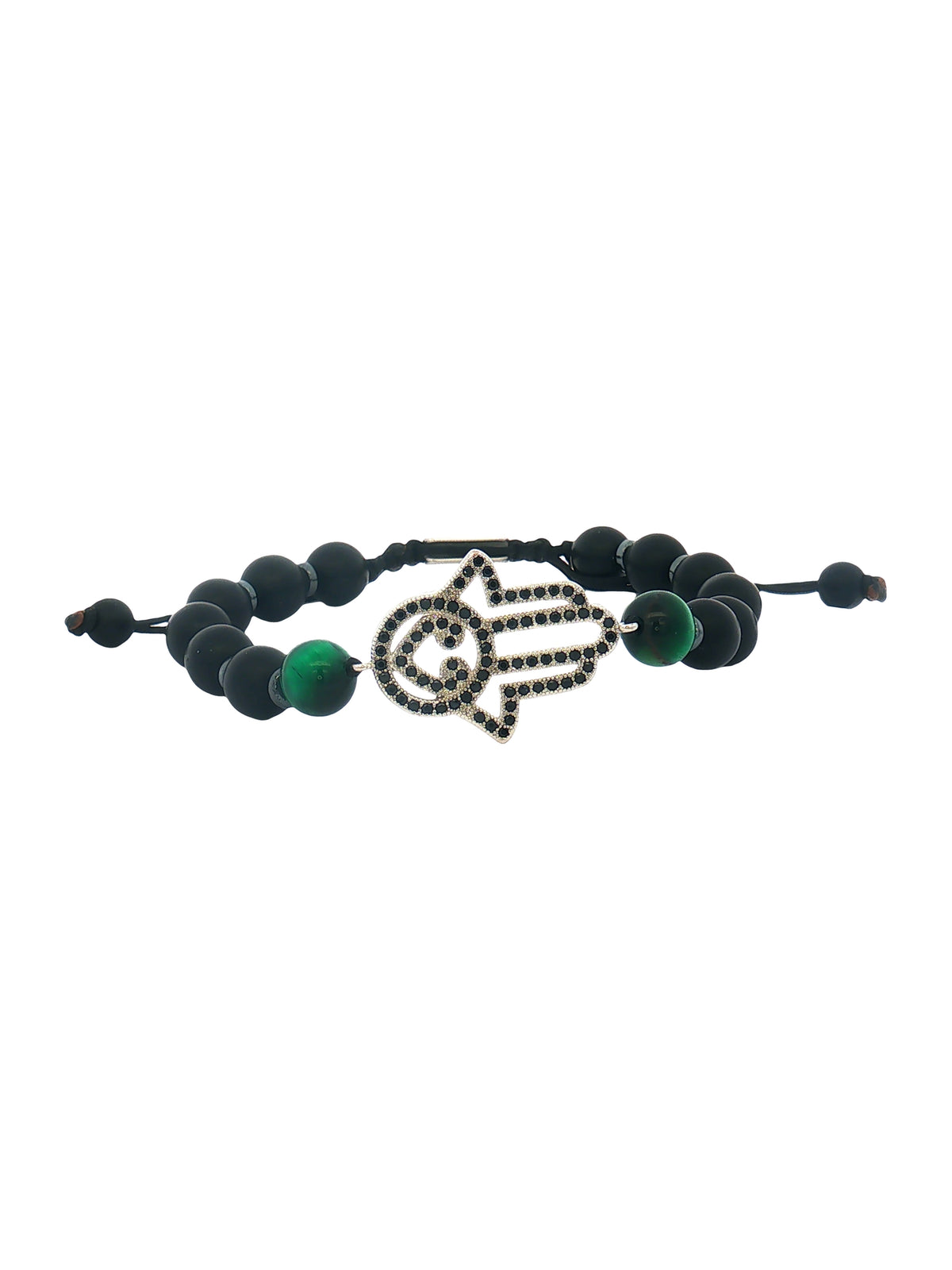 Pulsera Piedra Negra Y Verde Mano Hamsa