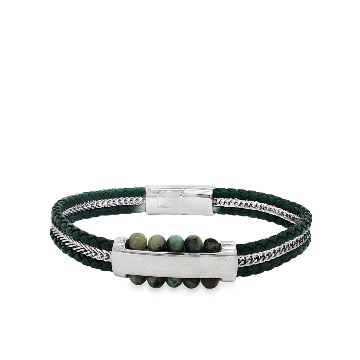 Pulsera Piedra Verde Con Acero Y Piel