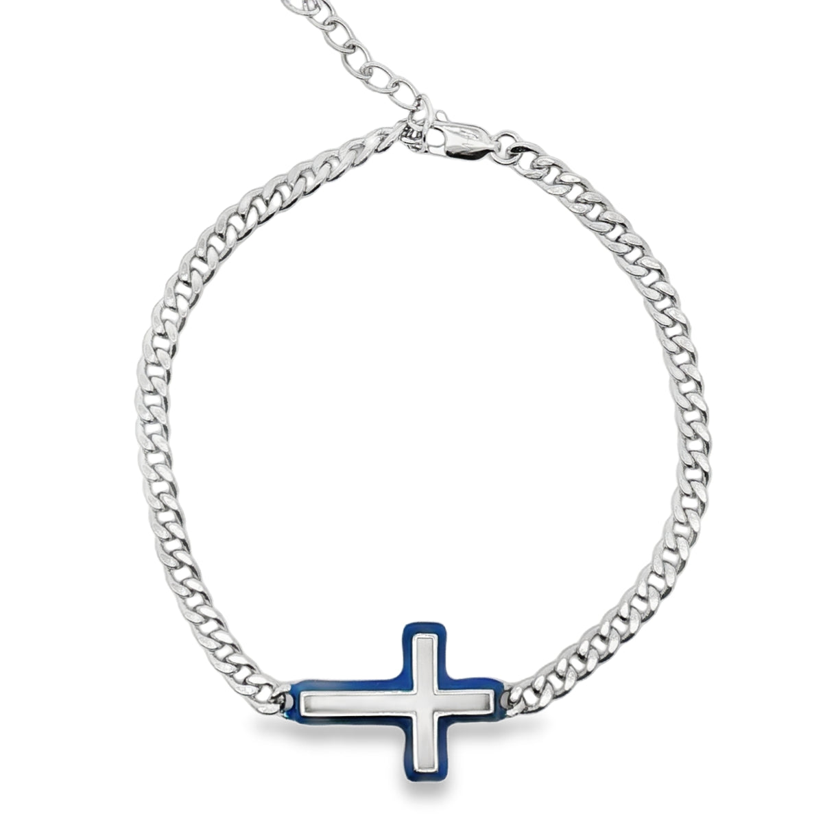 Pulsera Plata Con Cruz Esmalte Azul