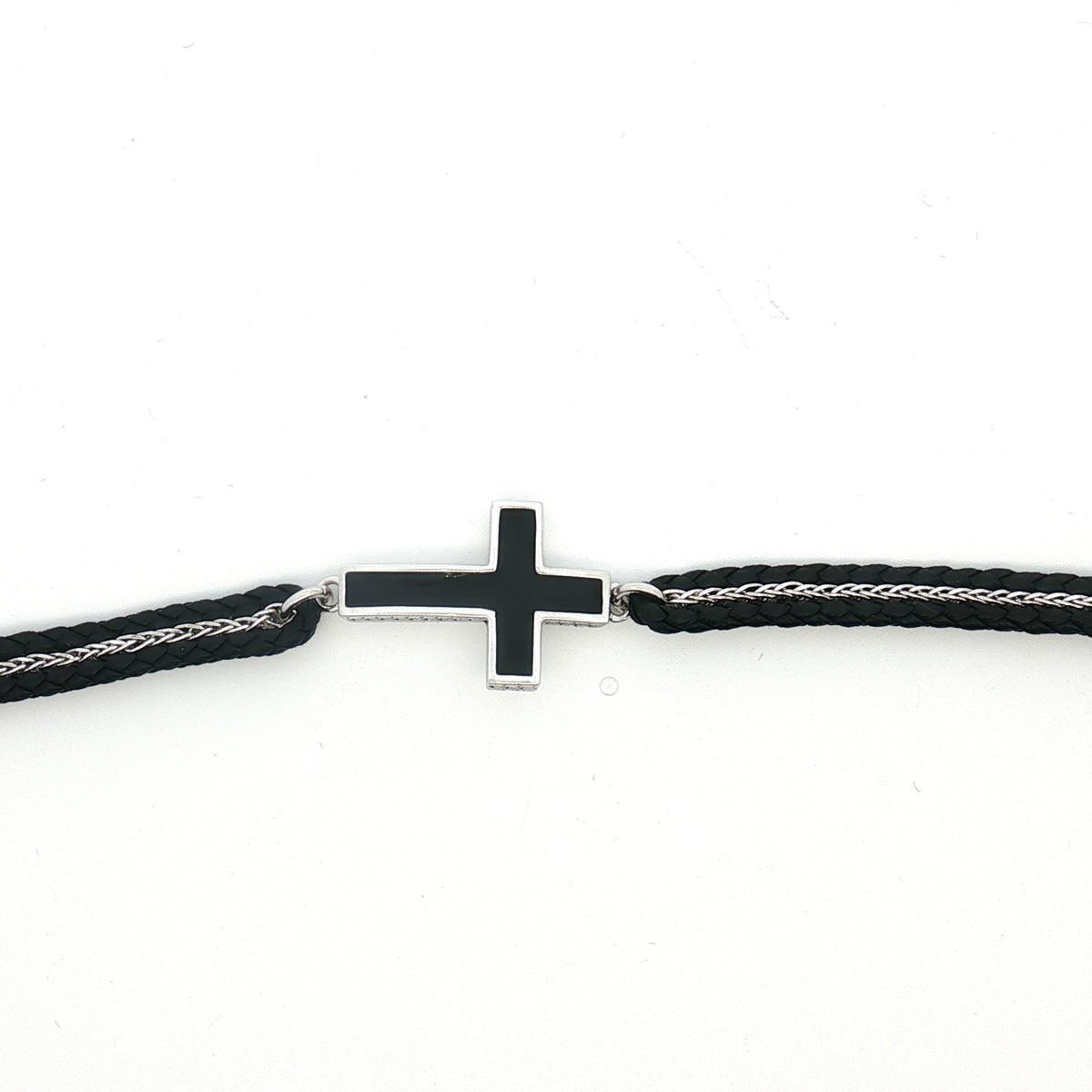 Pulsera Piel Cruz Plata Con Negro