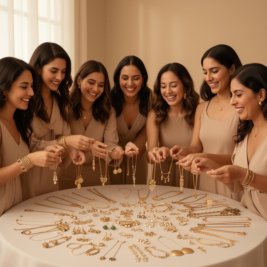 Grupo de mujeres seleccionando joyería Mayfer alrededor de una mesa